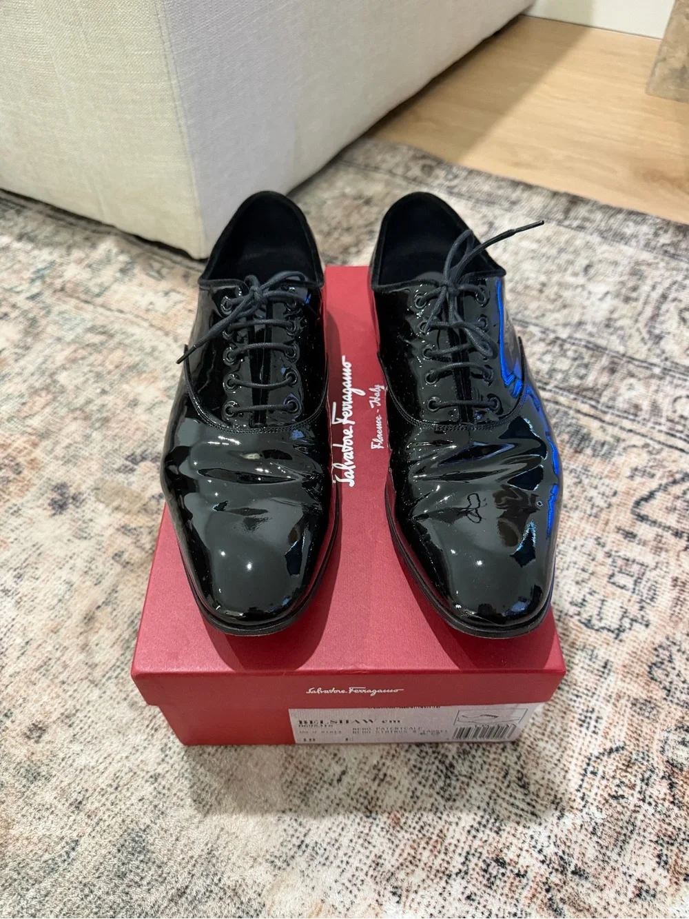 Salvatore Ferragamo Black Patent Leather Lace-Up Oxfords
